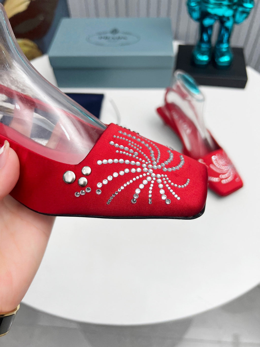 PRADA 26S SLINGBACK PUMPS 40MM IN DARK RED SATIN CRYSTAL EMBELLISHED