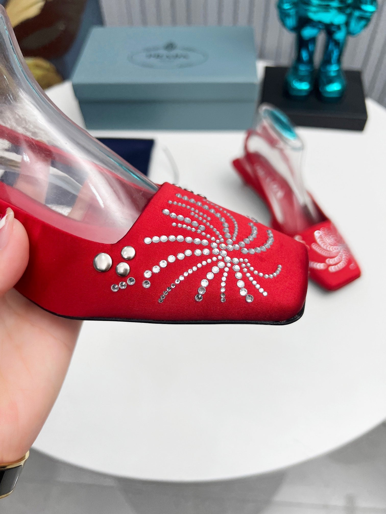 PRADA 26S SLINGBACK PUMPS 40MM IN DARK RED SATIN CRYSTAL EMBELLISHED