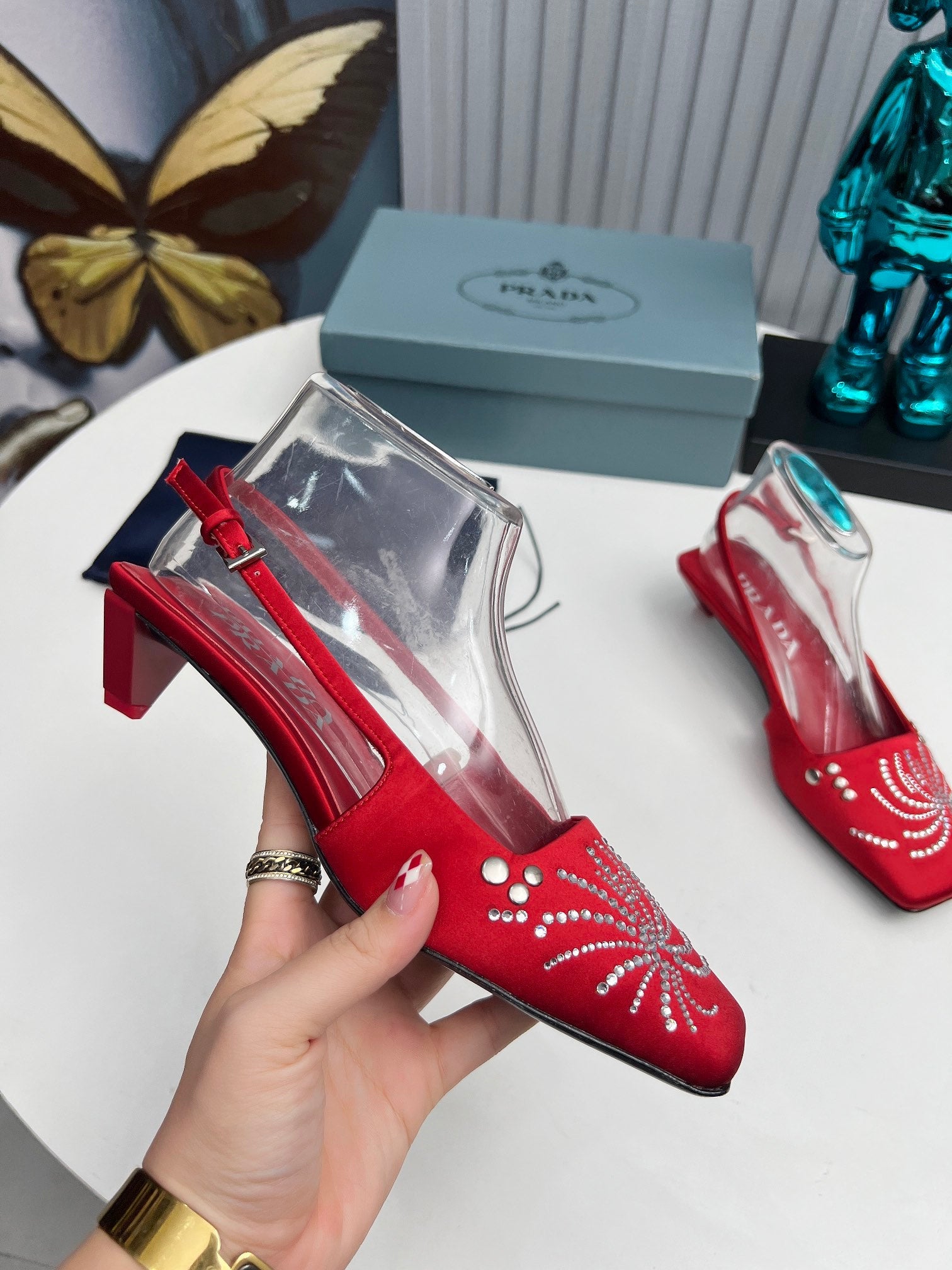 PRADA 26S SLINGBACK PUMPS 40MM IN DARK RED SATIN CRYSTAL EMBELLISHED