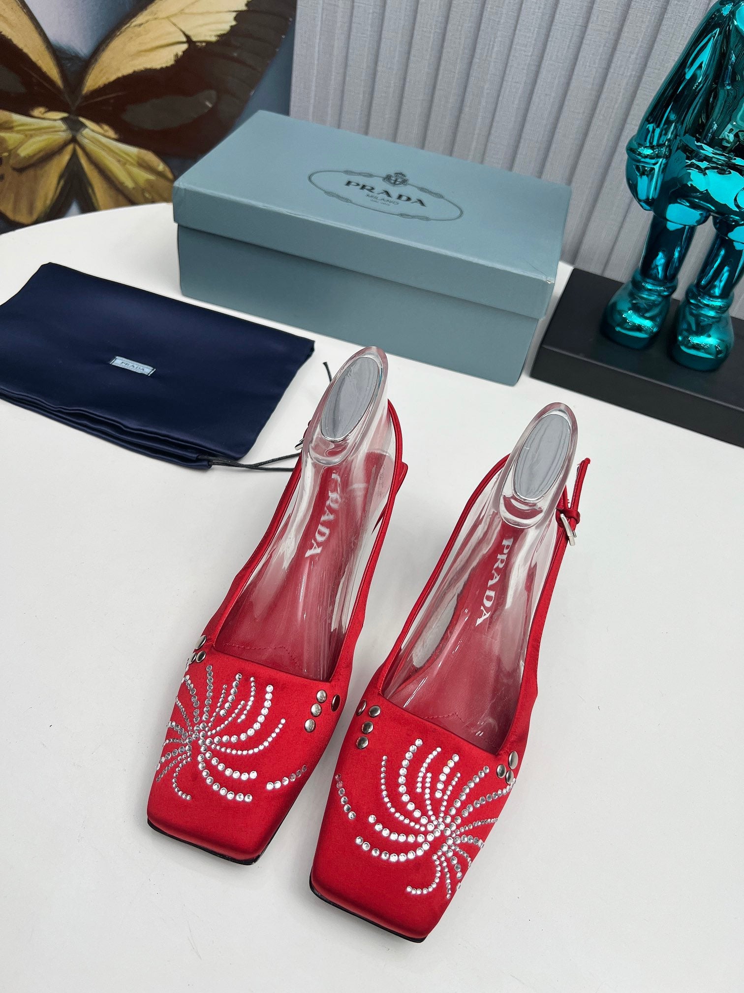 PRADA 26S SLINGBACK PUMPS 40MM IN DARK RED SATIN CRYSTAL EMBELLISHED