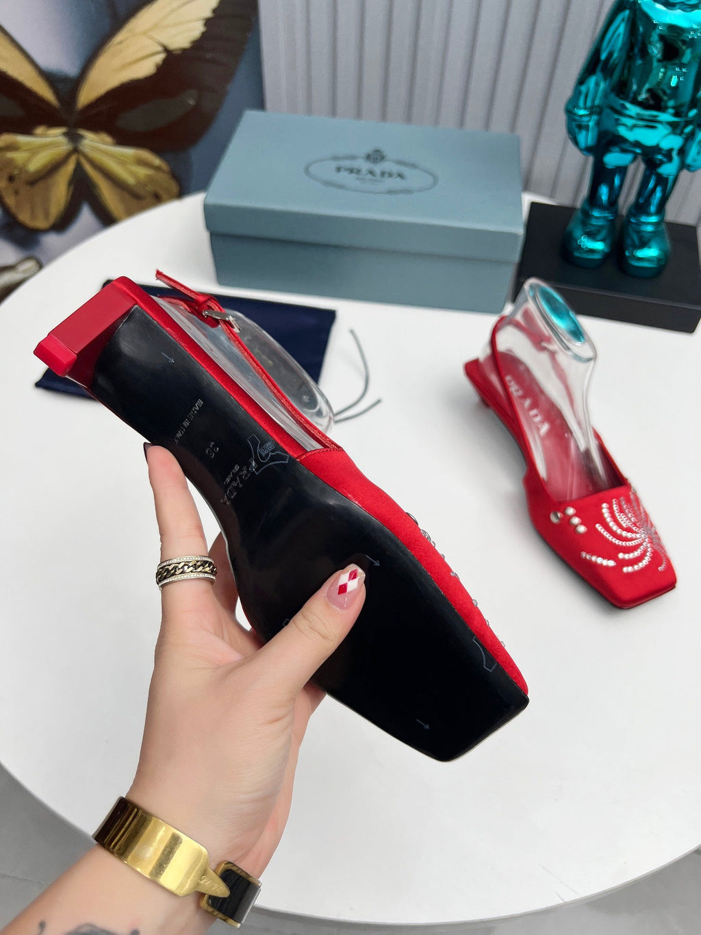 PRADA 26S SLINGBACK PUMPS 40MM IN DARK RED SATIN CRYSTAL EMBELLISHED