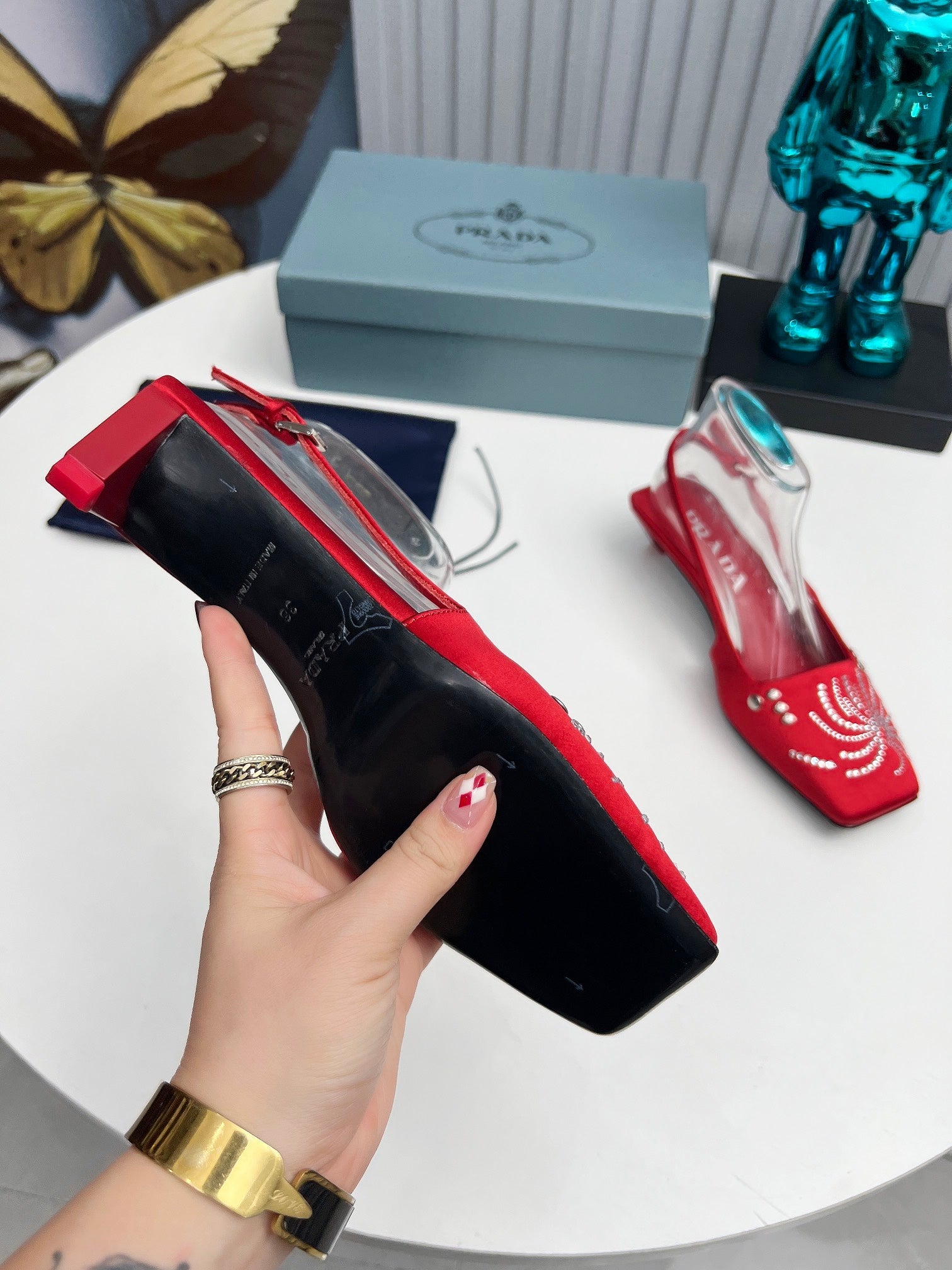PRADA 26S SLINGBACK PUMPS 40MM IN DARK RED SATIN CRYSTAL EMBELLISHED