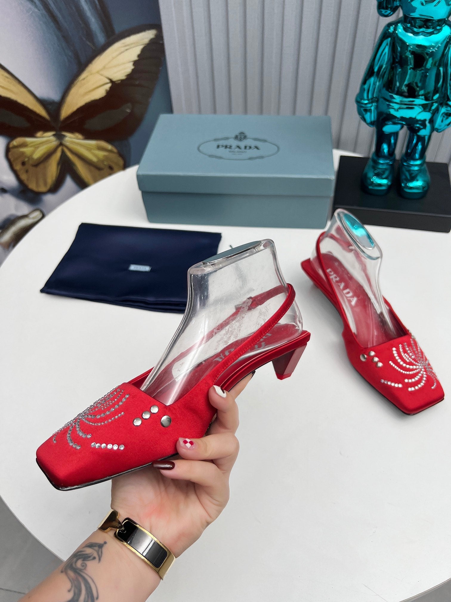 PRADA 26S SLINGBACK PUMPS 40MM IN DARK RED SATIN CRYSTAL EMBELLISHED