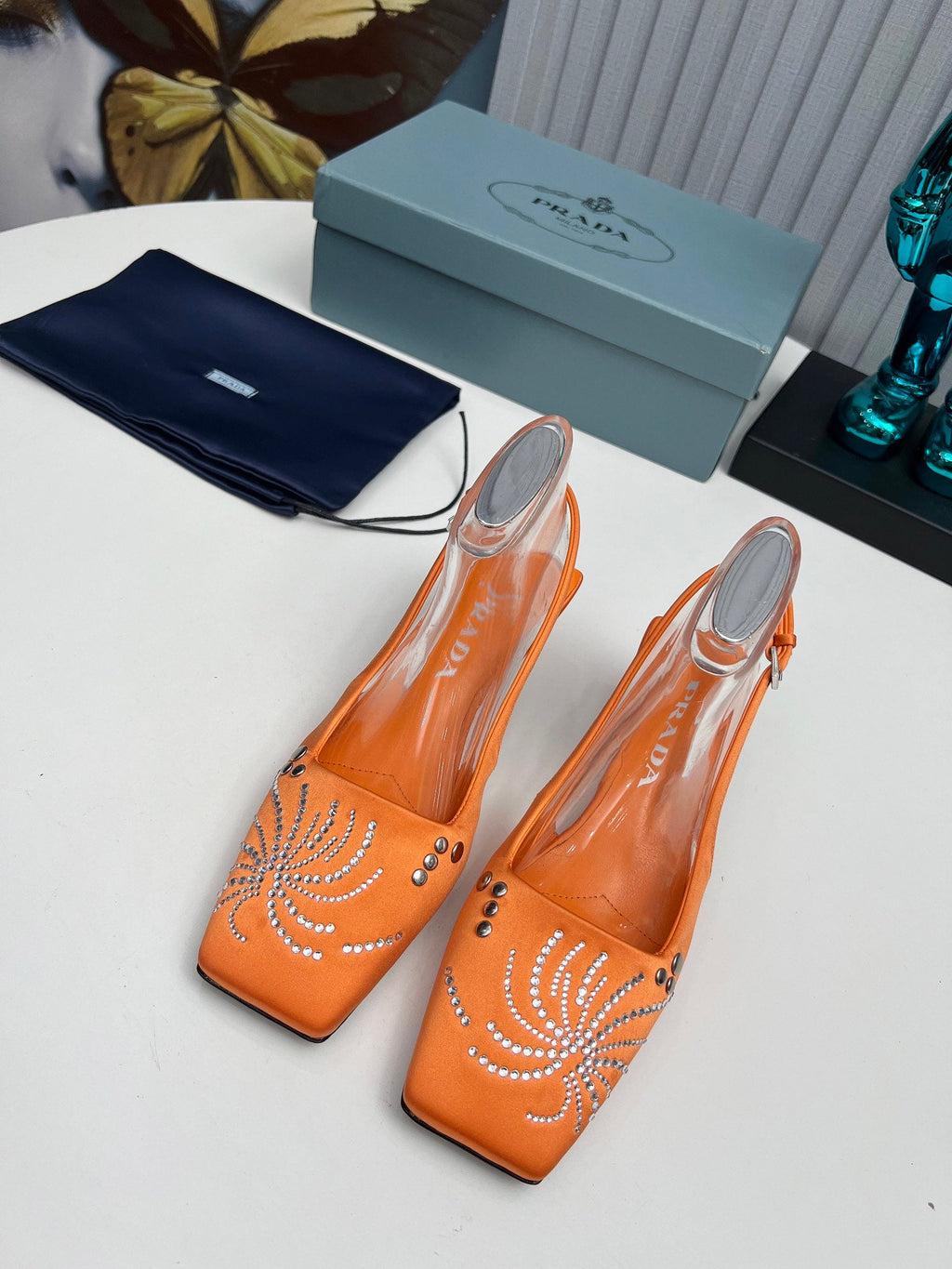 PRADA 26S SLINGBACK PUMPS 40MM IN ORANGE SATIN CRYSTAL EMBELLISHED