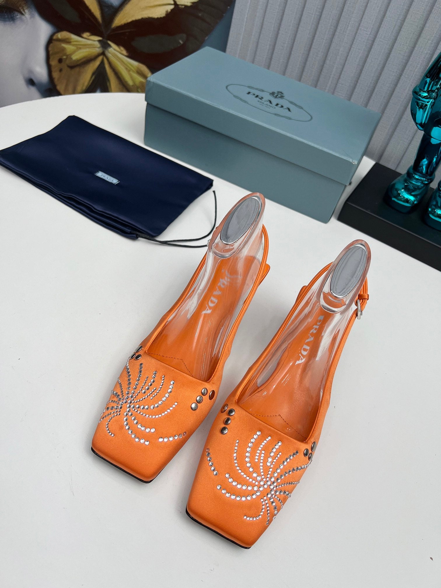 PRADA 26S SLINGBACK PUMPS 40MM IN ORANGE SATIN CRYSTAL EMBELLISHED