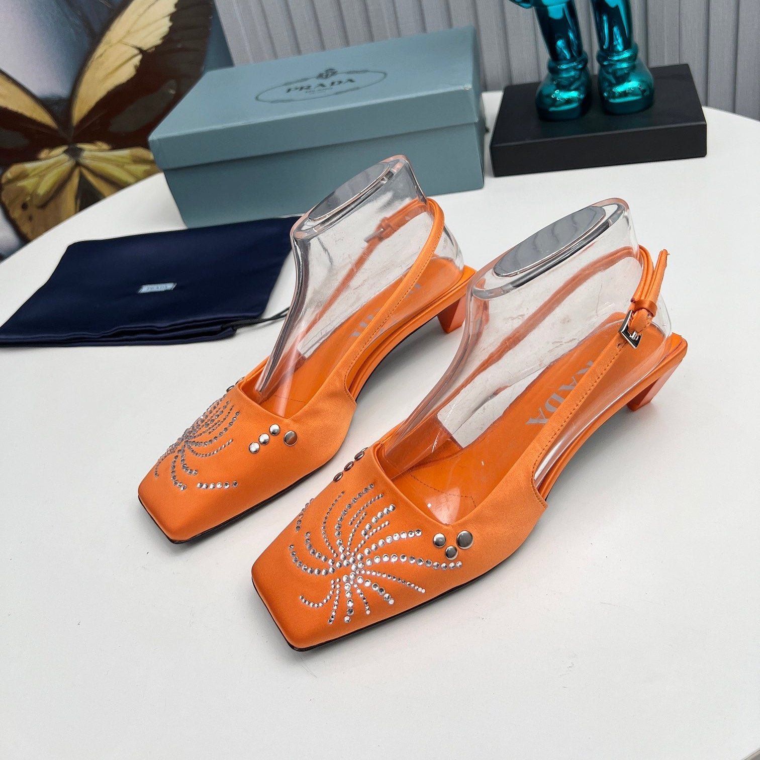 PRADA 26S SLINGBACK PUMPS 40MM IN ORANGE SATIN CRYSTAL EMBELLISHED