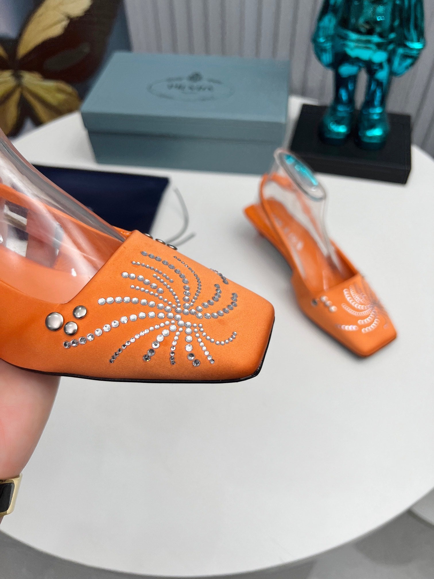 PRADA 26S SLINGBACK PUMPS 40MM IN ORANGE SATIN CRYSTAL EMBELLISHED