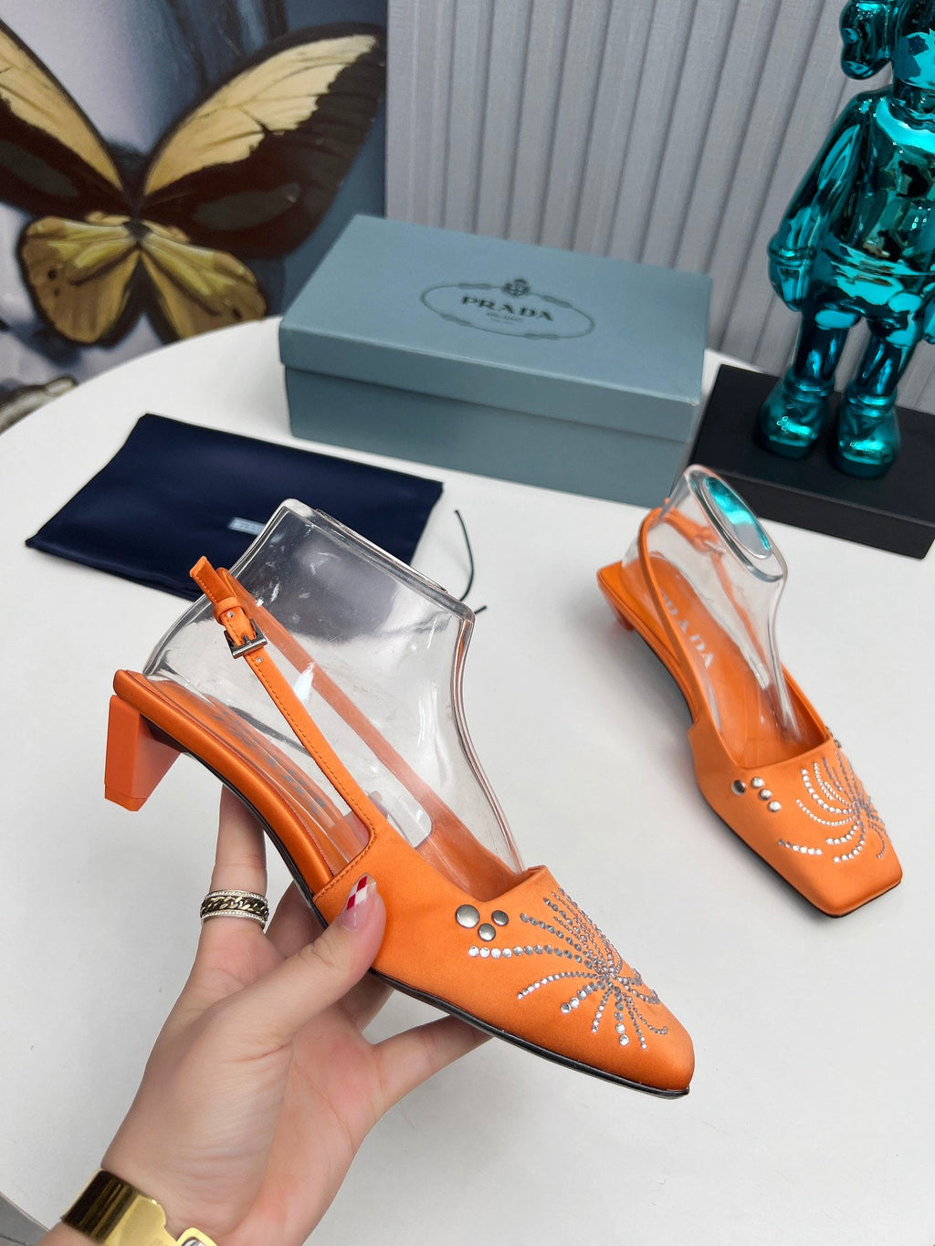 PRADA 26S SLINGBACK PUMPS 40MM IN ORANGE SATIN CRYSTAL EMBELLISHED