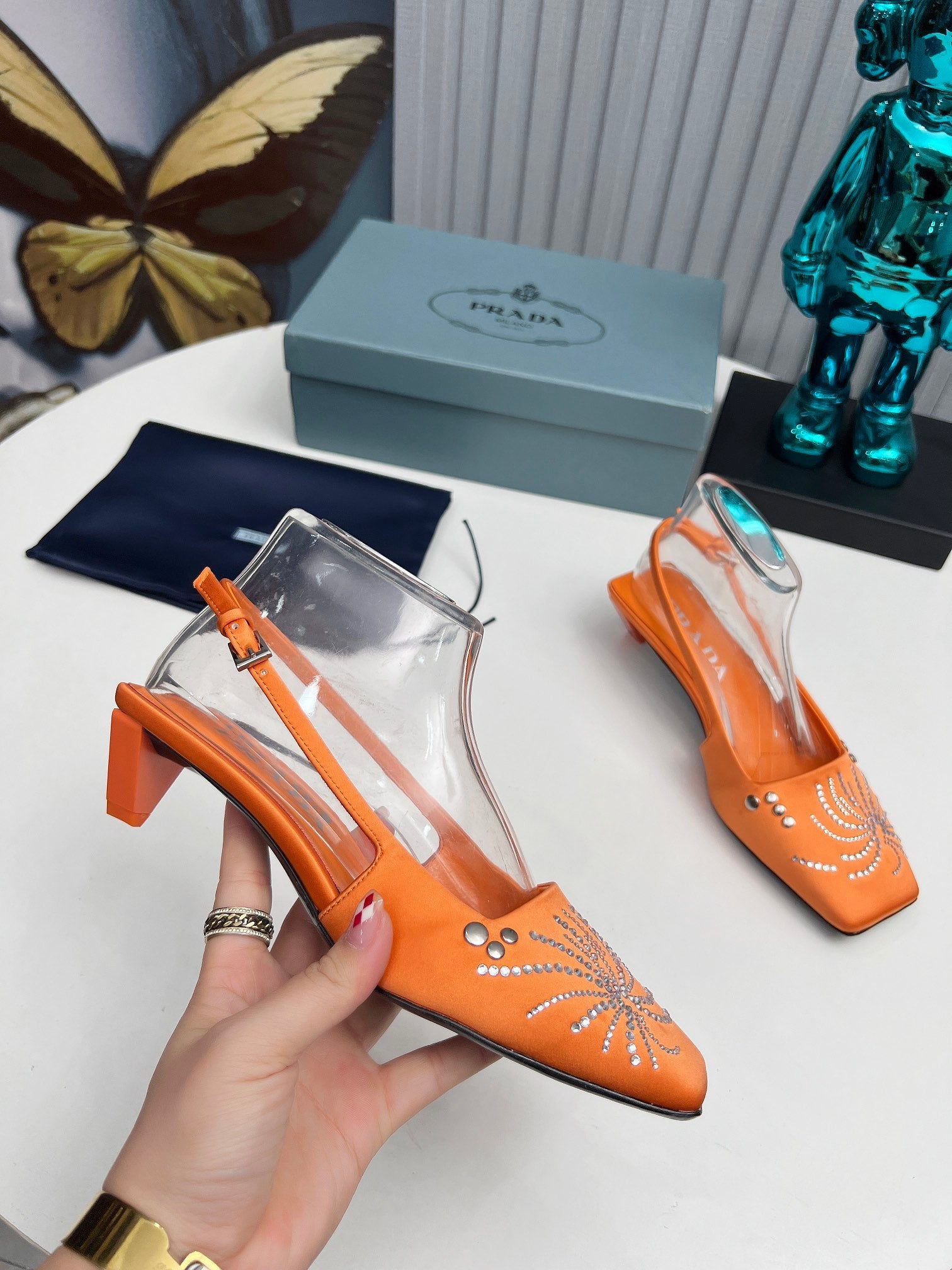 PRADA 26S SLINGBACK PUMPS 40MM IN ORANGE SATIN CRYSTAL EMBELLISHED