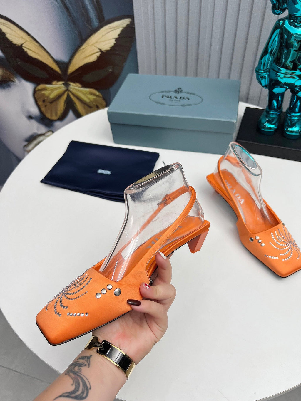 PRADA 26S SLINGBACK PUMPS 40MM IN ORANGE SATIN CRYSTAL EMBELLISHED