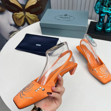 PRADA 26S SLINGBACK PUMPS 40MM IN ORANGE SATIN CRYSTAL EMBELLISHED