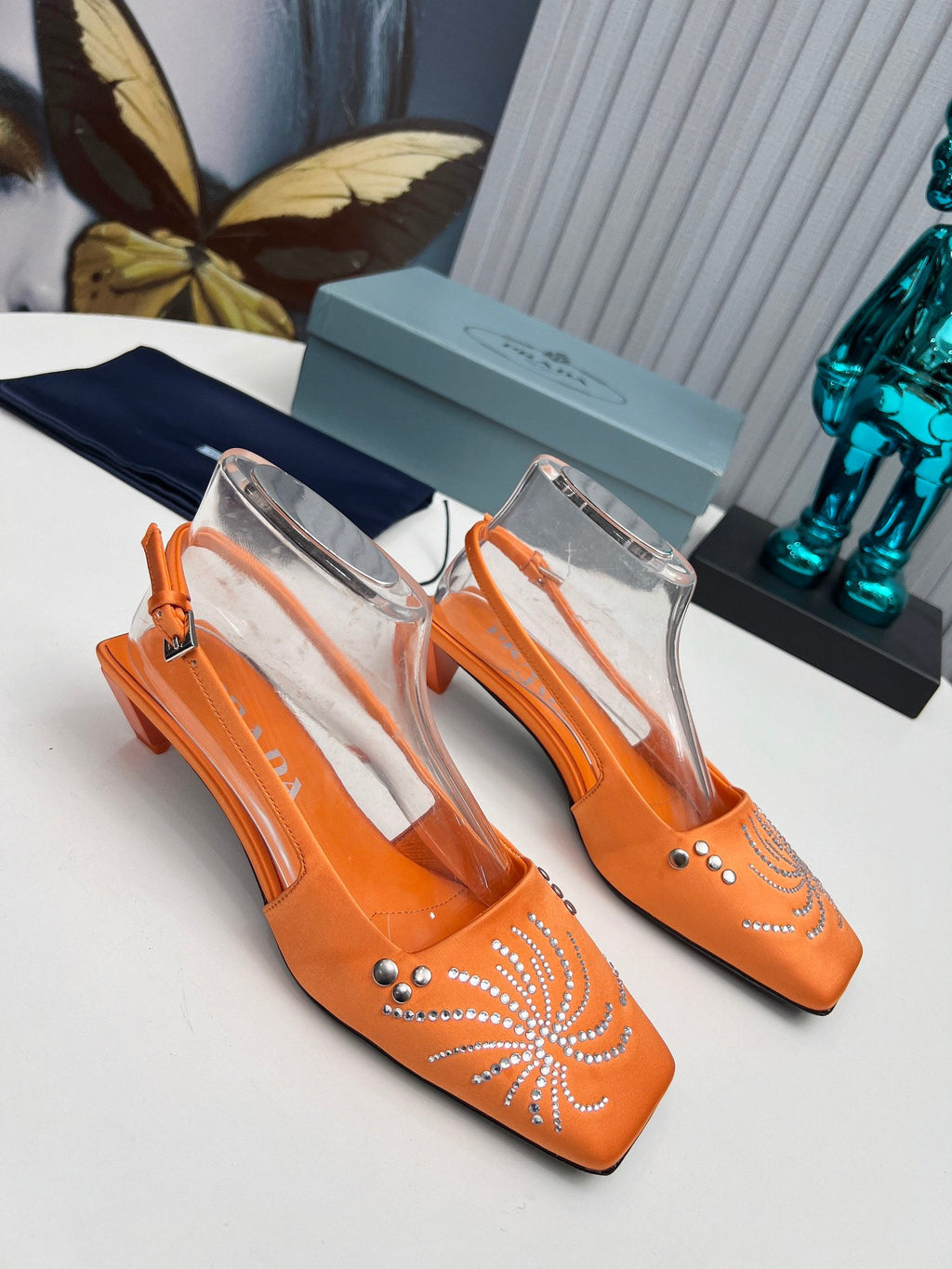 PRADA 26S SLINGBACK PUMPS 40MM IN ORANGE SATIN CRYSTAL EMBELLISHED