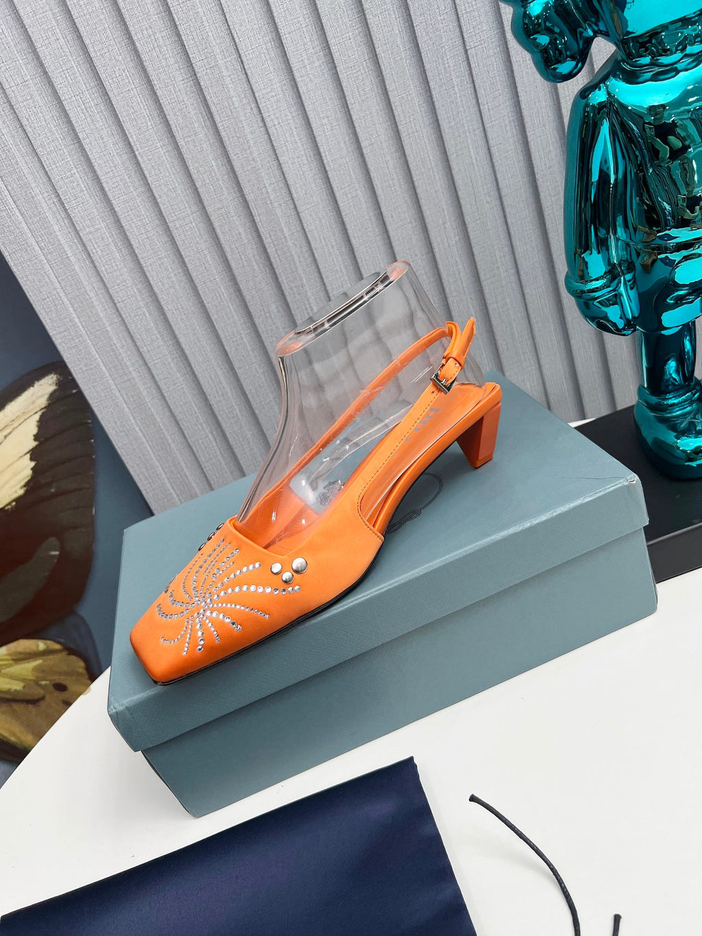 PRADA 26S SLINGBACK PUMPS 40MM IN ORANGE SATIN CRYSTAL EMBELLISHED