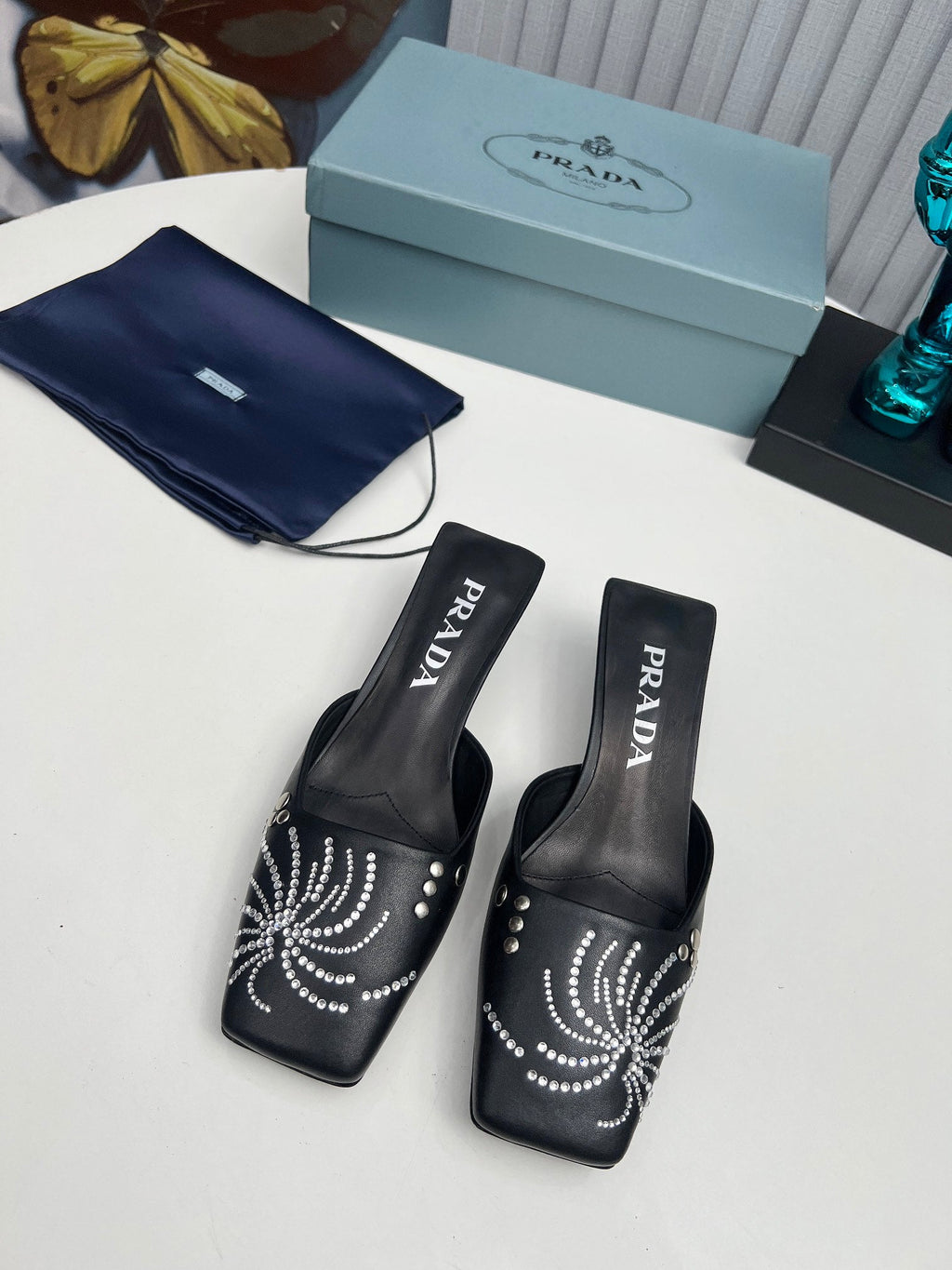PRADA 26S MULE 40MM IN BLACK CALFSKIN CRYSTAL EMBELLISHED