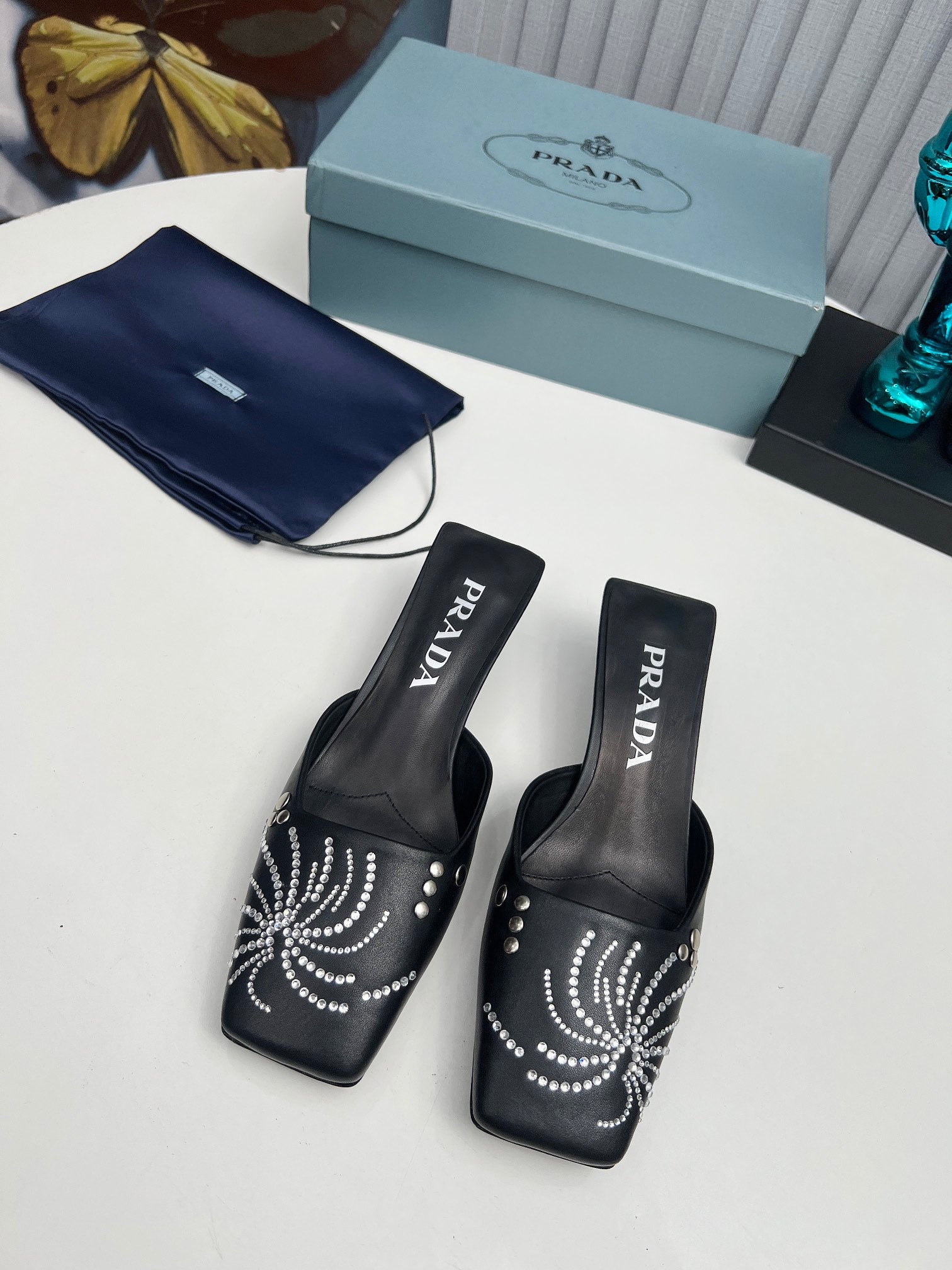 PRADA 26S MULE 40MM IN BLACK CALFSKIN CRYSTAL EMBELLISHED
