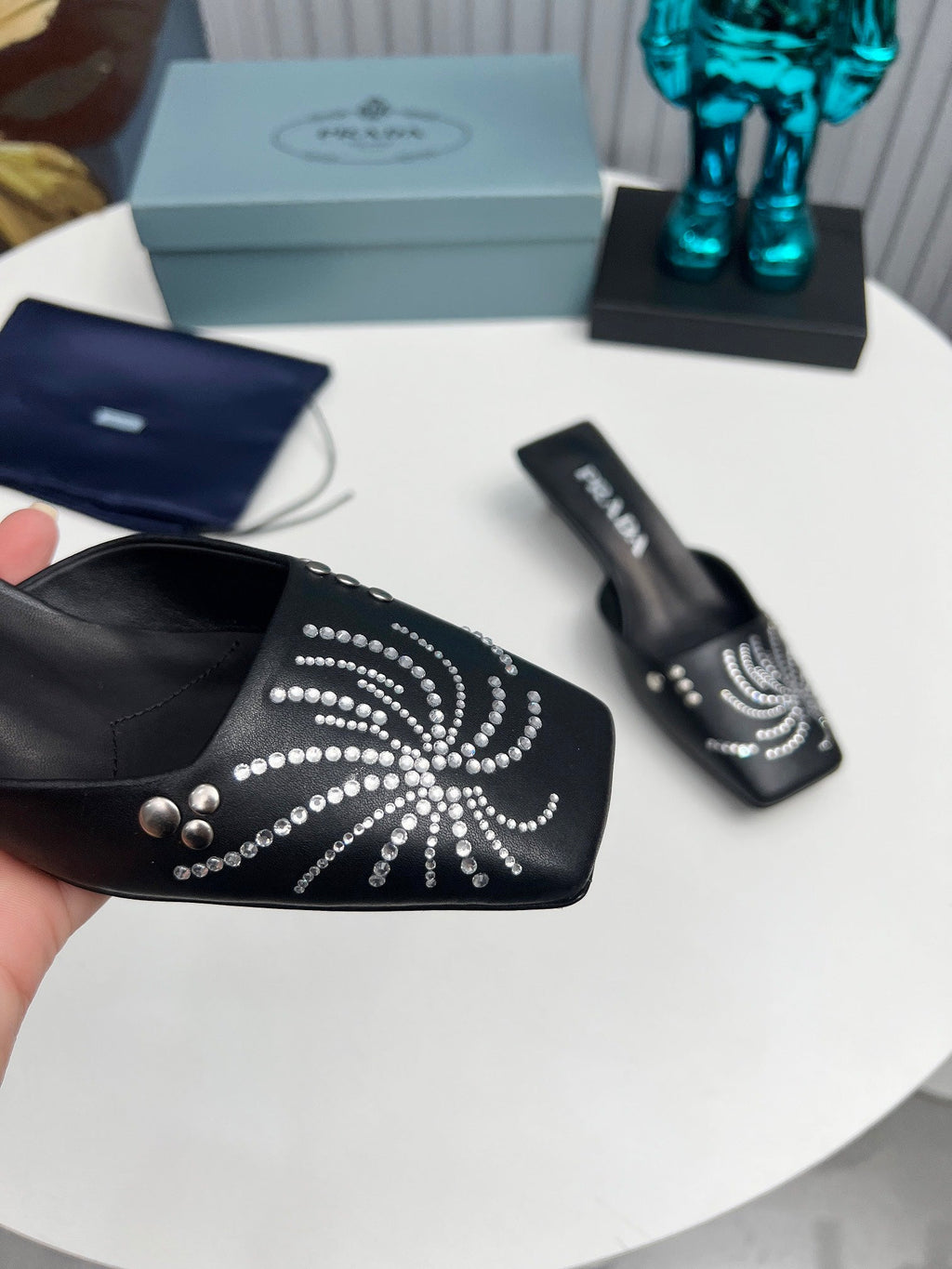 PRADA 26S MULE 40MM IN BLACK CALFSKIN CRYSTAL EMBELLISHED