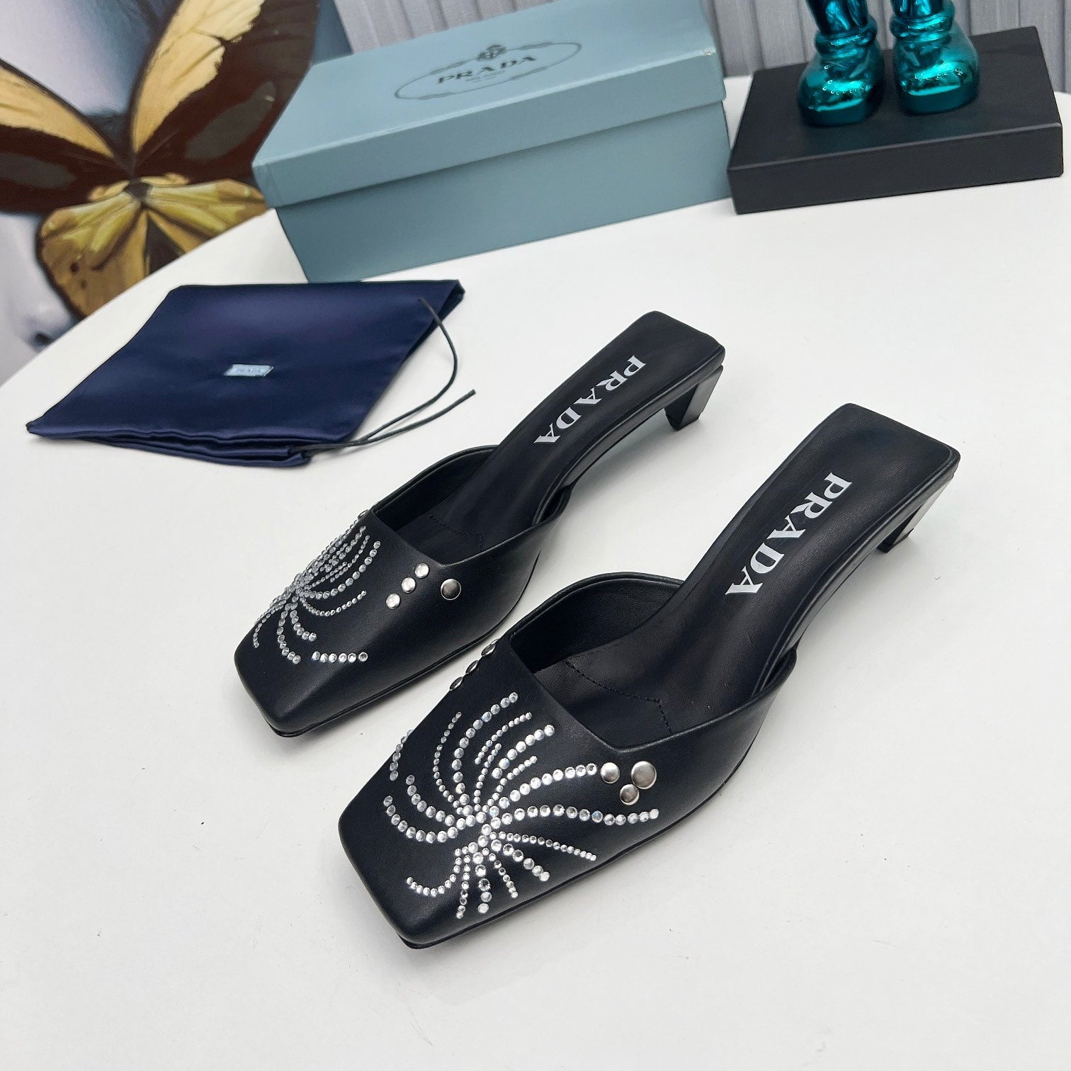 PRADA 26S MULE 40MM IN BLACK CALFSKIN CRYSTAL EMBELLISHED