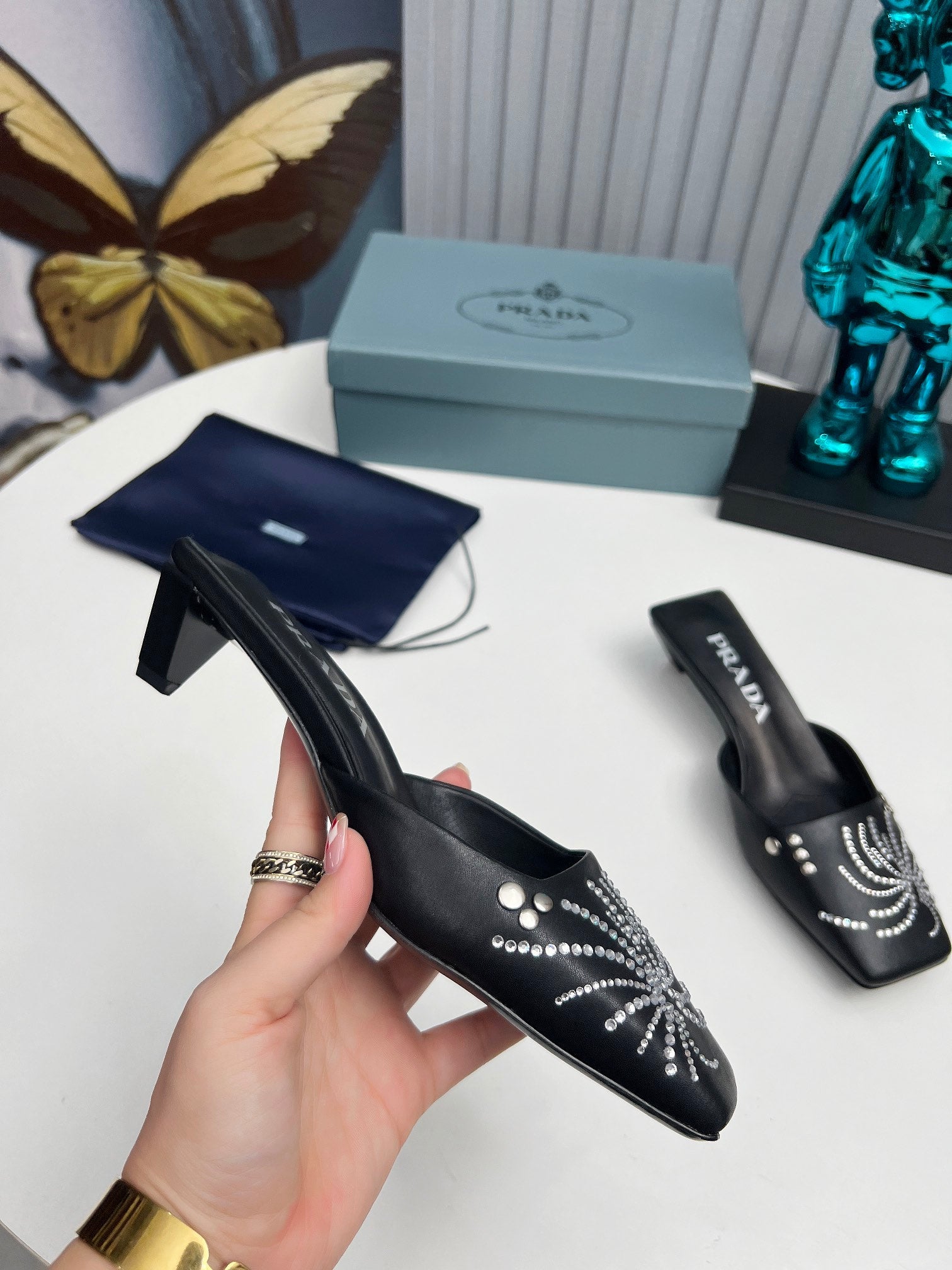 PRADA 26S MULE 40MM IN BLACK CALFSKIN CRYSTAL EMBELLISHED