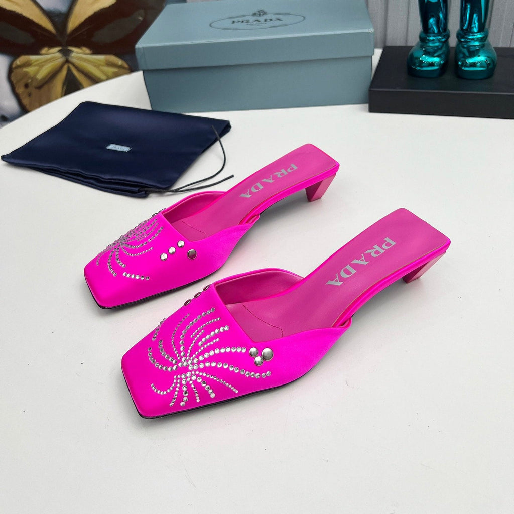 PRADA 26S MULE 40MM IN FUCHSIA PINK SATIN CRYSTAL EMBELLISHED
