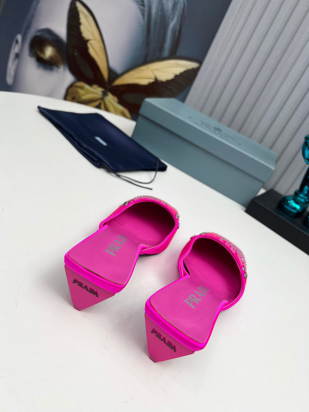 PRADA 26S MULE 40MM IN FUCHSIA PINK SATIN CRYSTAL EMBELLISHED