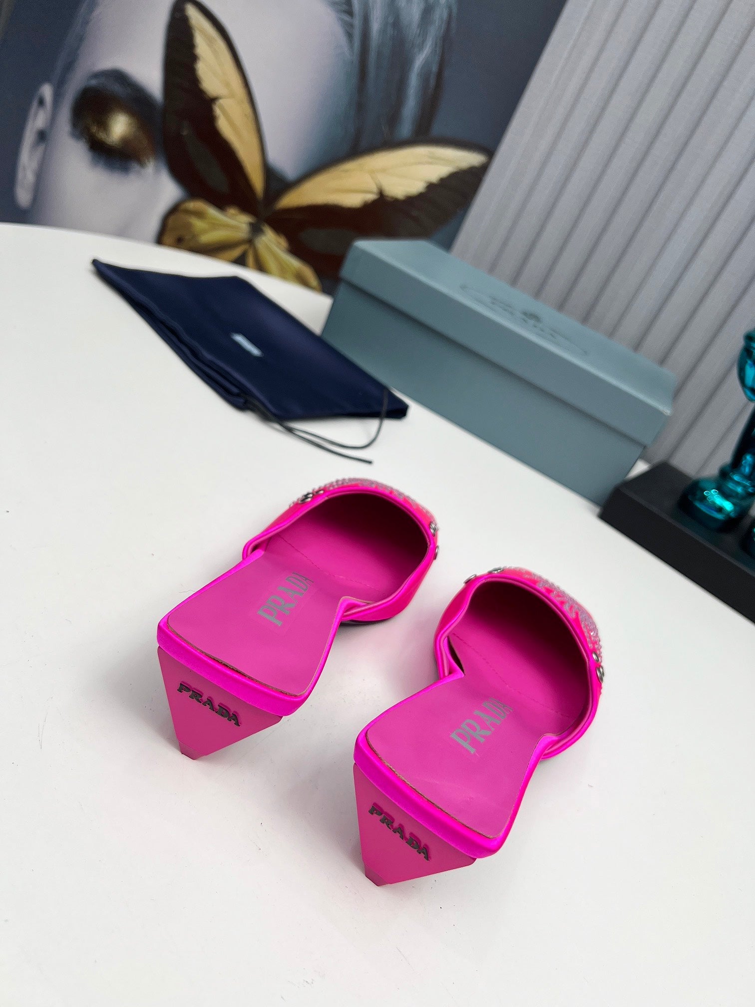 PRADA 26S MULE 40MM IN FUCHSIA PINK SATIN CRYSTAL EMBELLISHED