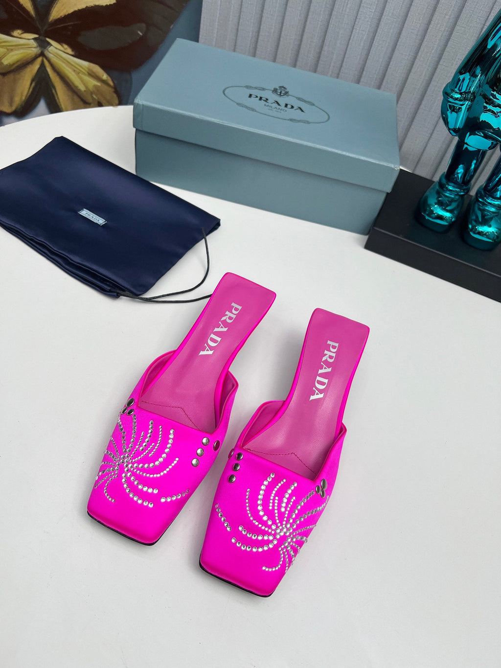PRADA 26S MULE 40MM IN FUCHSIA PINK SATIN CRYSTAL EMBELLISHED