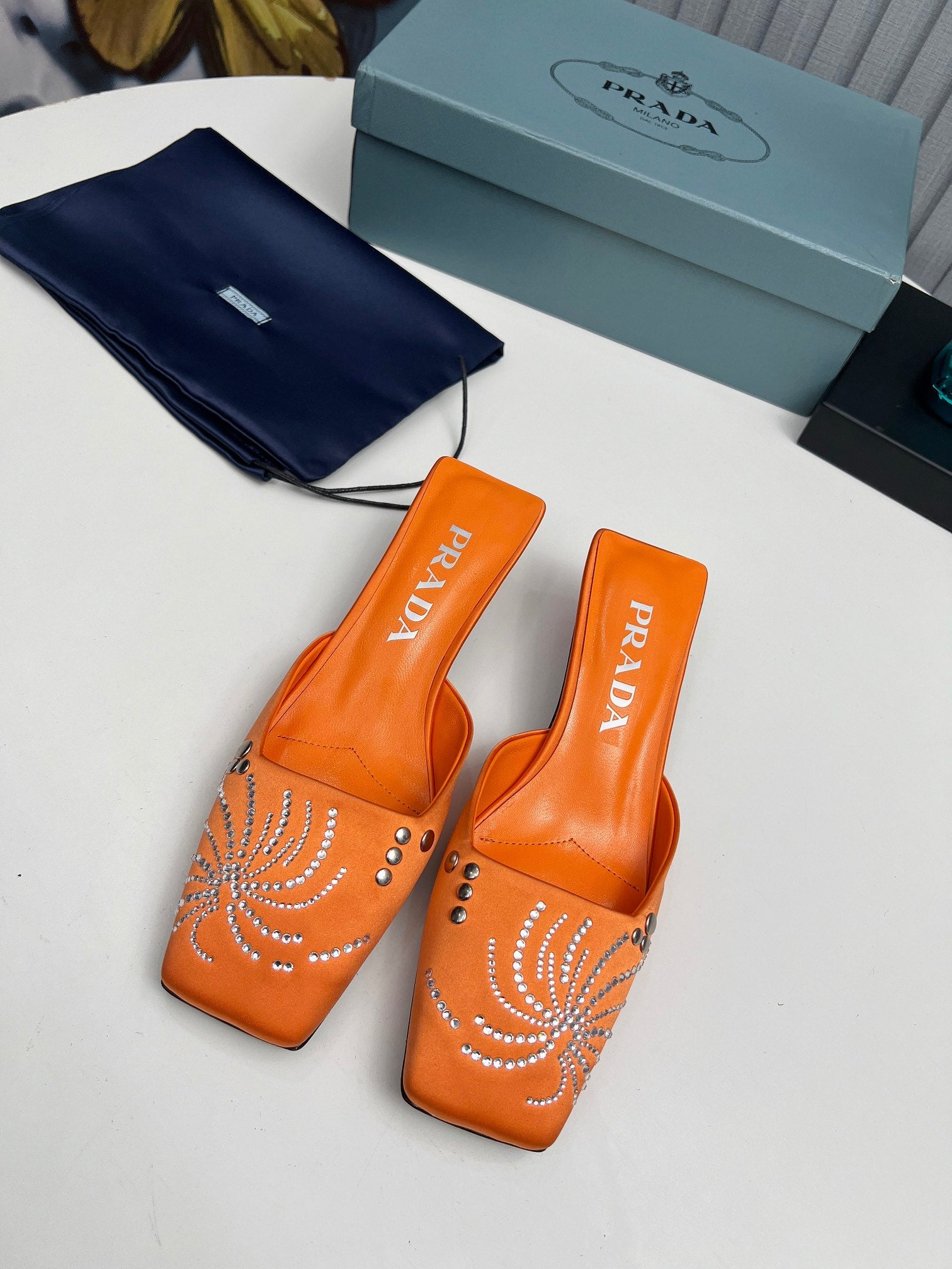 PRADA 26S MULE 40MM IN ORANGE SATIN CRYSTAL EMBELLISHED