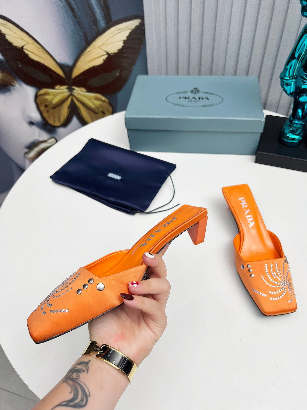 PRADA 26S MULE 40MM IN ORANGE SATIN CRYSTAL EMBELLISHED