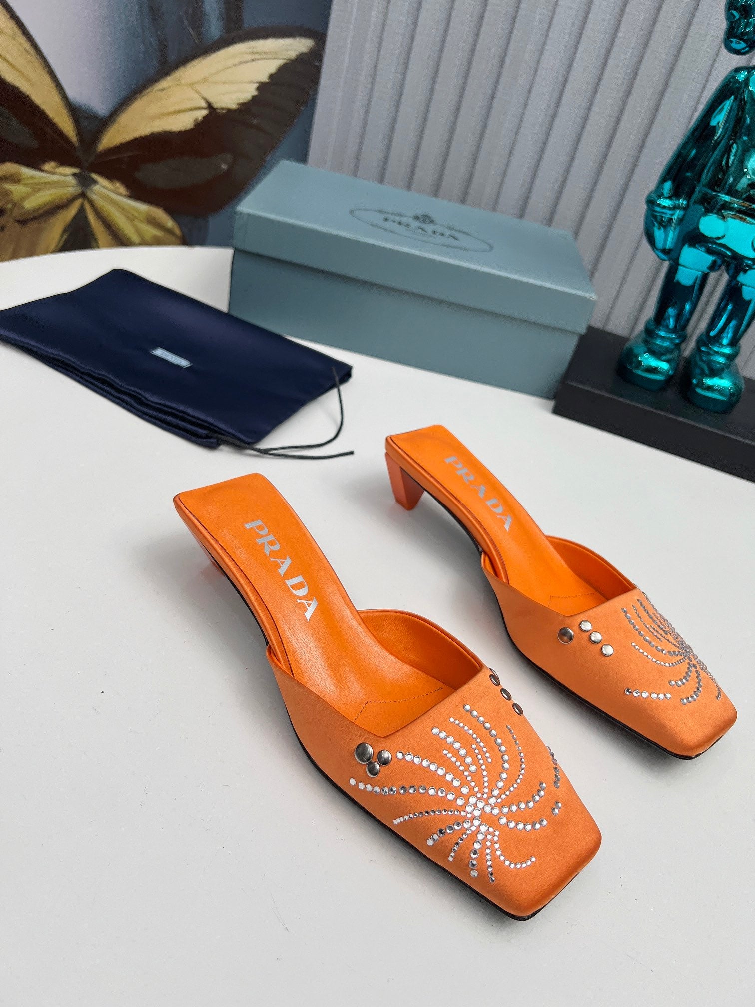 PRADA 26S MULE 40MM IN ORANGE SATIN CRYSTAL EMBELLISHED