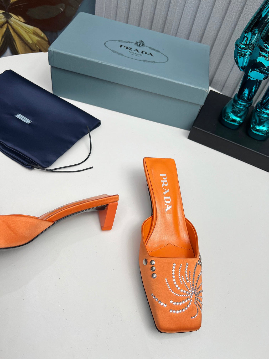PRADA 26S MULE 40MM IN ORANGE SATIN CRYSTAL EMBELLISHED