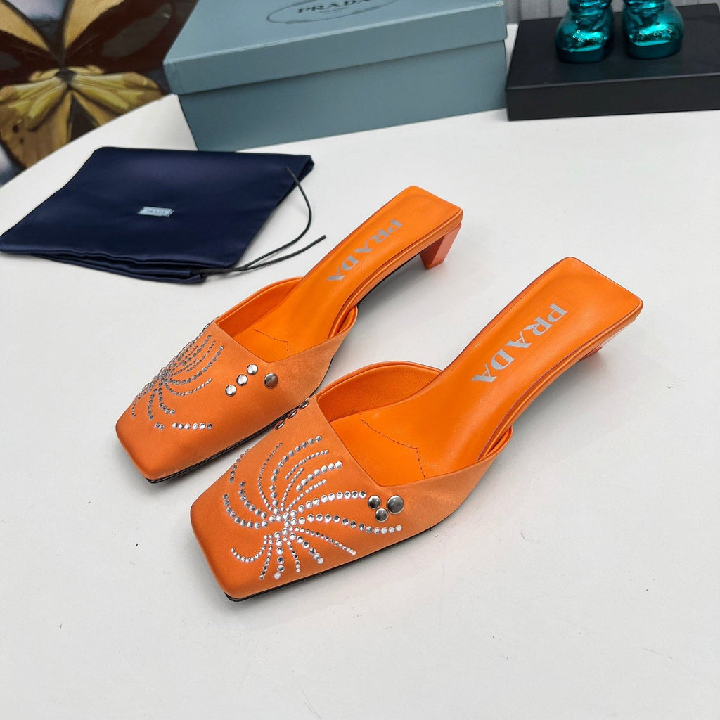 PRADA 26S MULE 40MM IN ORANGE SATIN CRYSTAL EMBELLISHED
