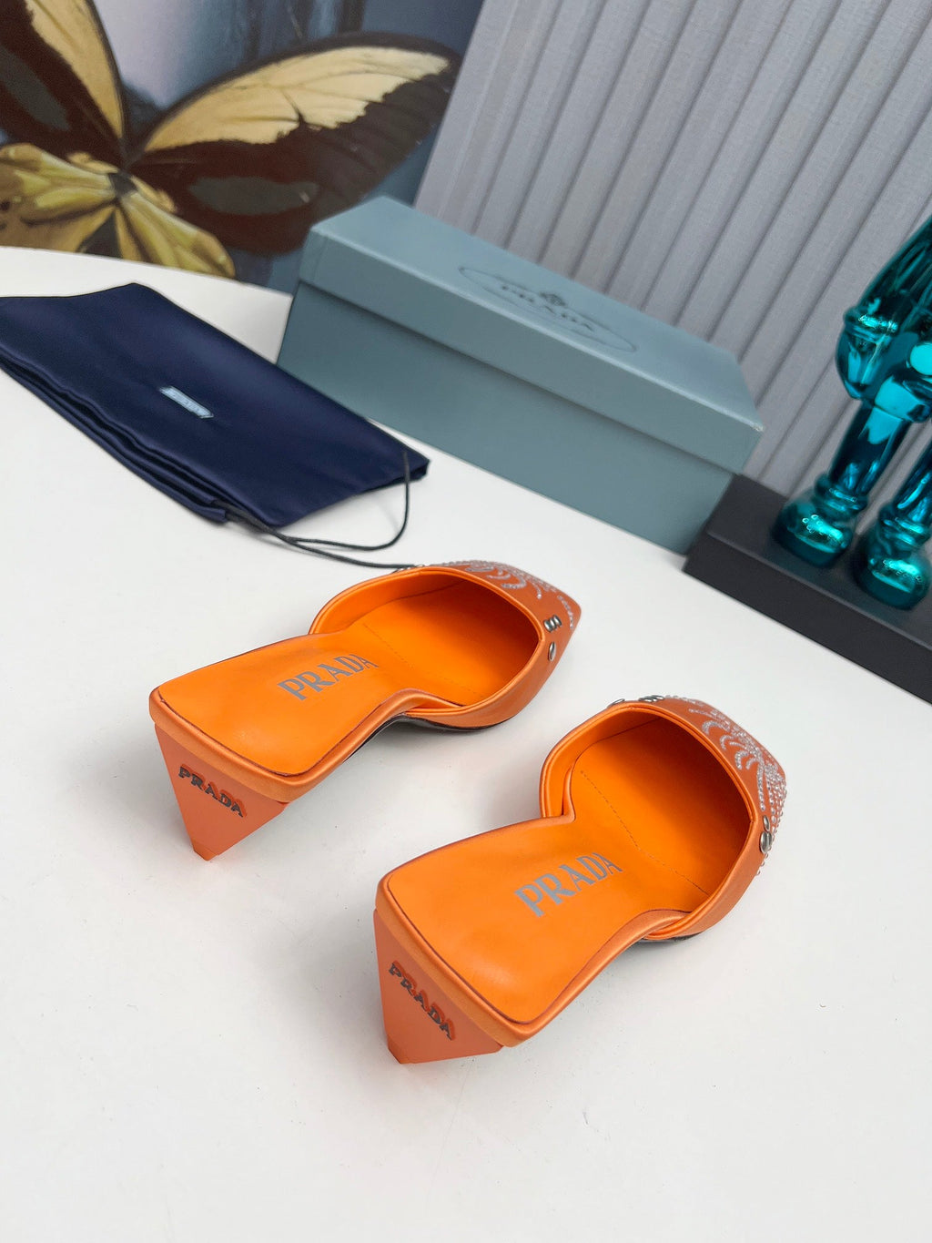 PRADA 26S MULE 40MM IN ORANGE SATIN CRYSTAL EMBELLISHED