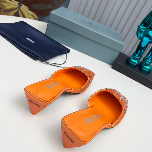 PRADA 26S MULE 40MM IN ORANGE SATIN CRYSTAL EMBELLISHED