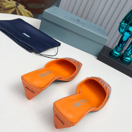 PRADA 26S MULE 40MM IN ORANGE SATIN CRYSTAL EMBELLISHED
