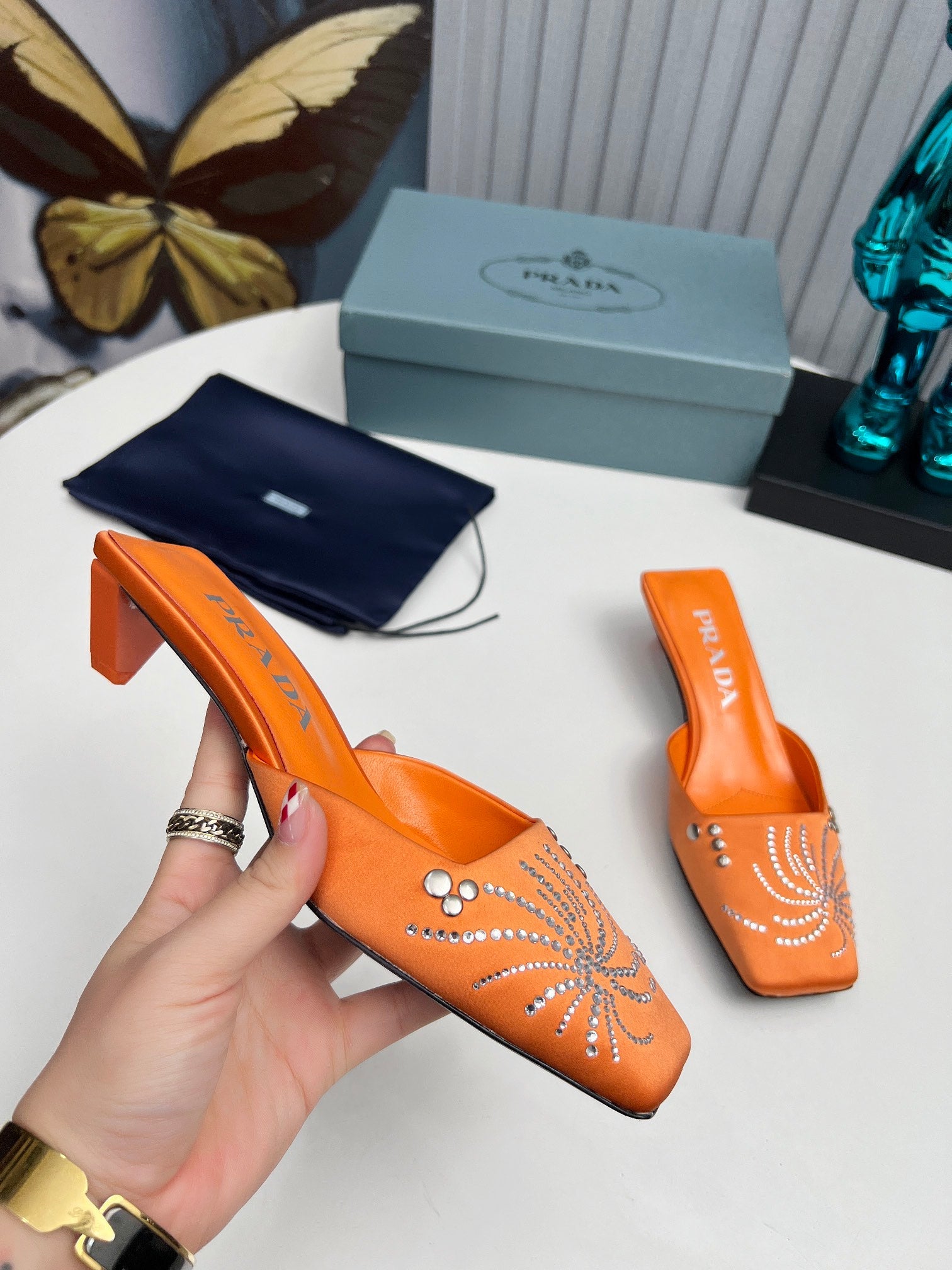 PRADA 26S MULE 40MM IN ORANGE SATIN CRYSTAL EMBELLISHED