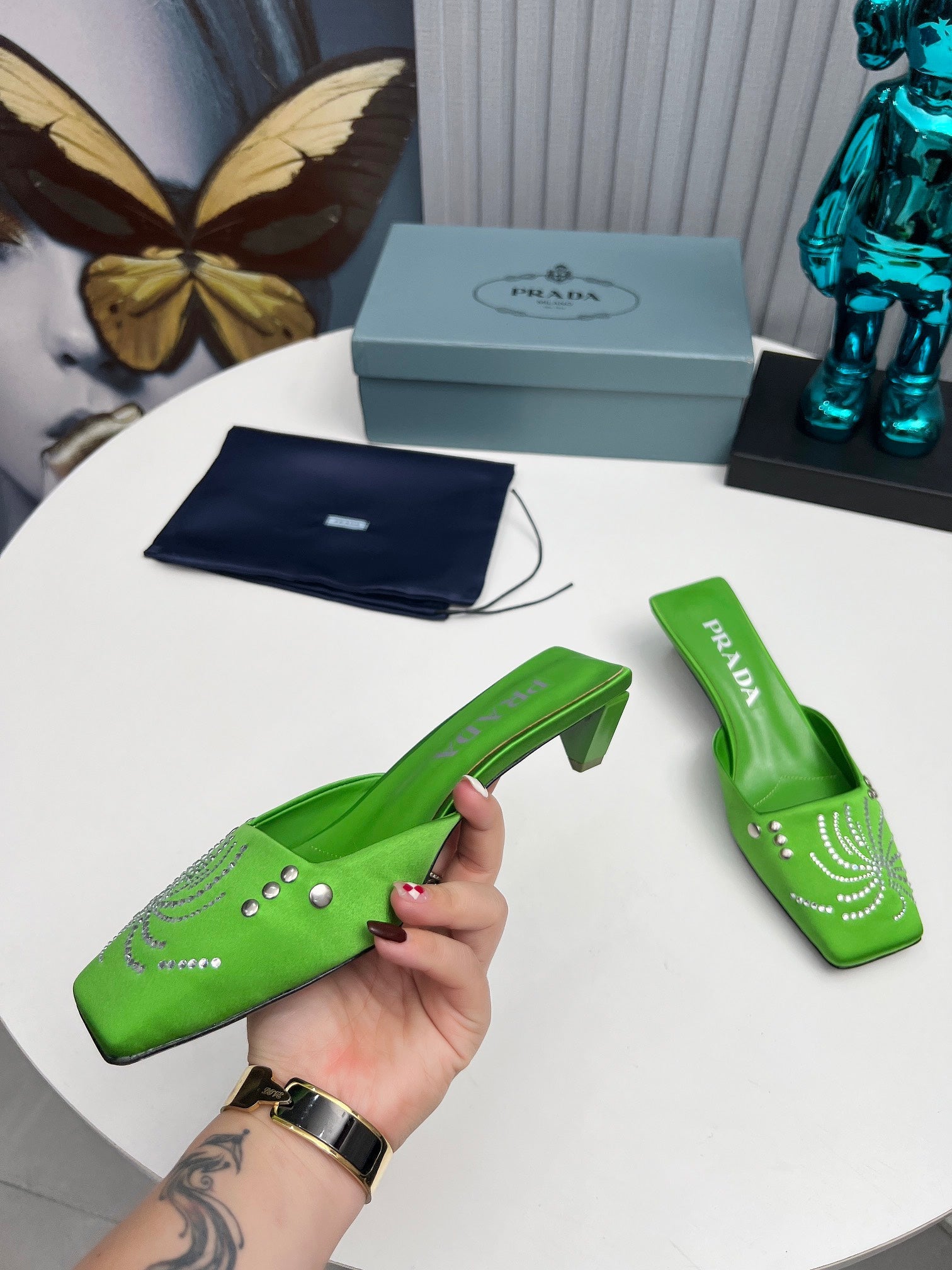 PRADA 26S MULE 40MM IN APPLE GREEN SATIN CRYSTAL EMBELLISHED