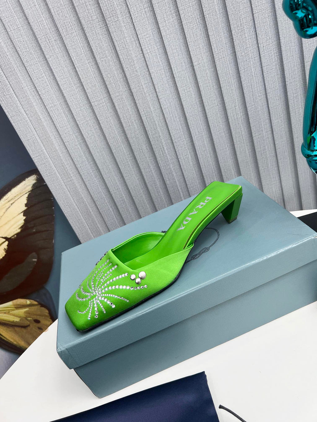 PRADA 26S MULE 40MM IN APPLE GREEN SATIN CRYSTAL EMBELLISHED