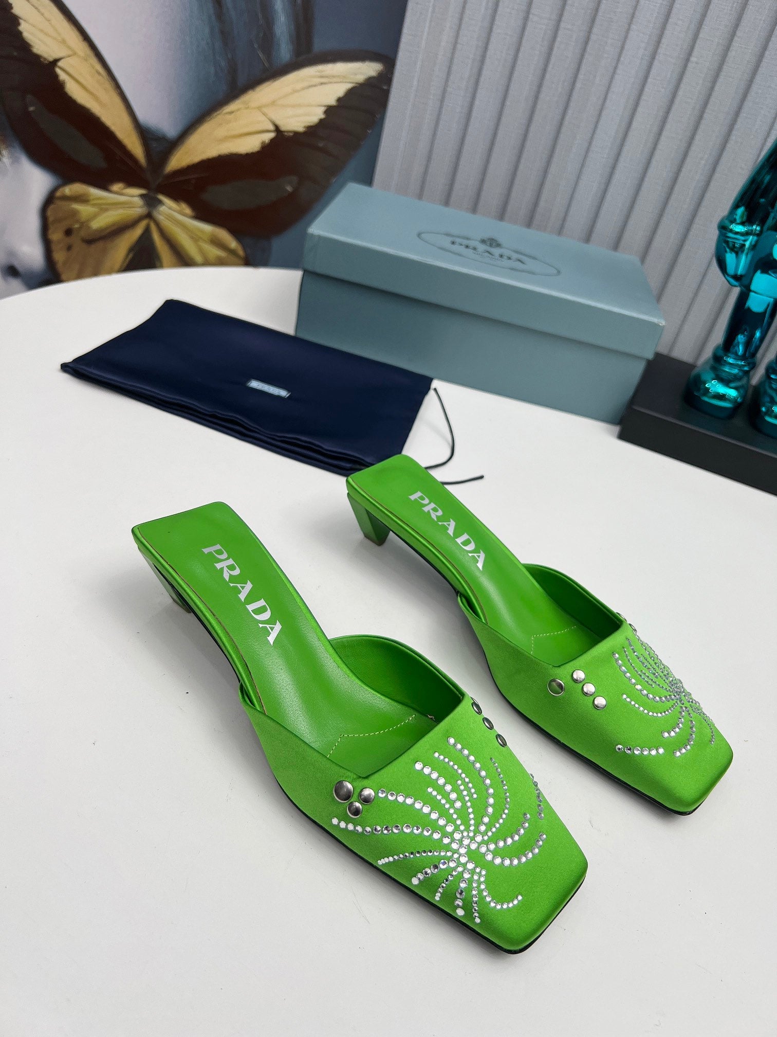PRADA 26S MULE 40MM IN APPLE GREEN SATIN CRYSTAL EMBELLISHED