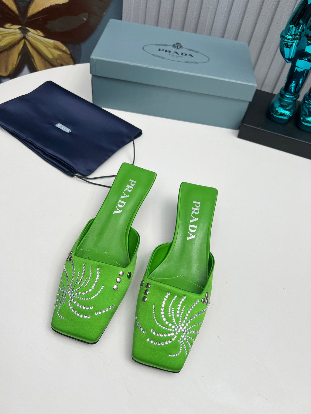 PRADA 26S MULE 40MM IN APPLE GREEN SATIN CRYSTAL EMBELLISHED