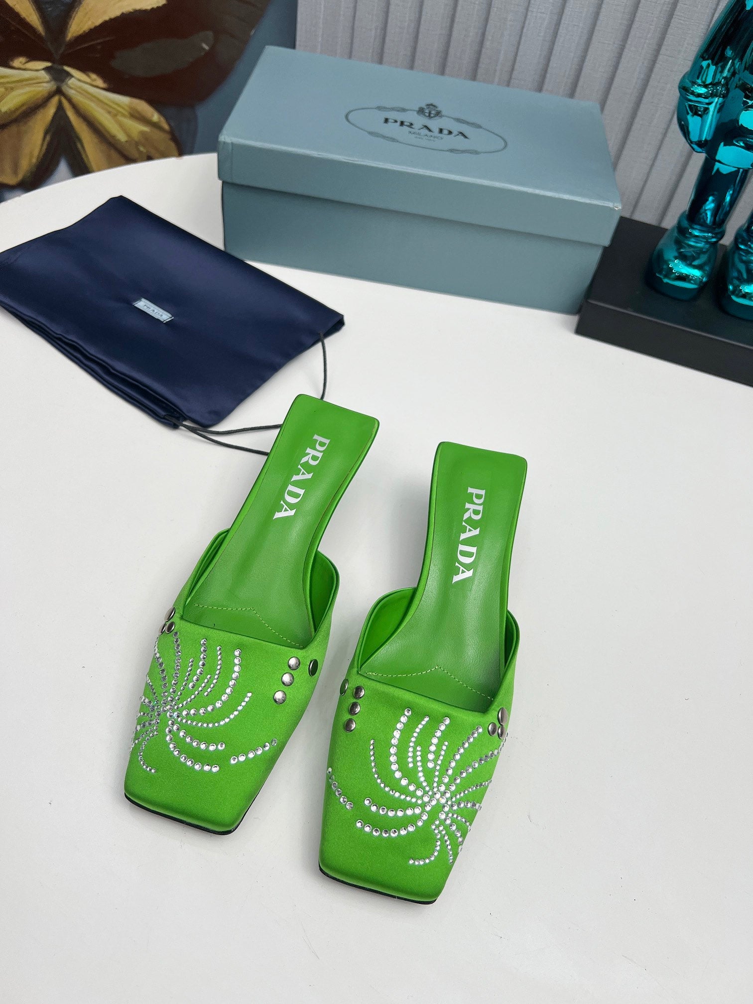 PRADA 26S MULE 40MM IN APPLE GREEN SATIN CRYSTAL EMBELLISHED