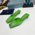 PRADA 26S MULE 40MM IN APPLE GREEN SATIN CRYSTAL EMBELLISHED