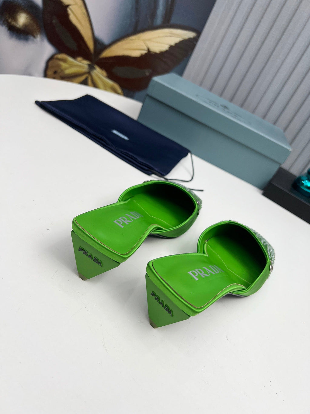PRADA 26S MULE 40MM IN APPLE GREEN SATIN CRYSTAL EMBELLISHED