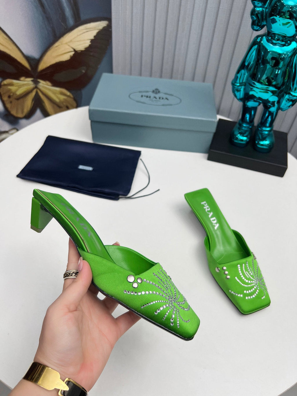 PRADA 26S MULE 40MM IN APPLE GREEN SATIN CRYSTAL EMBELLISHED