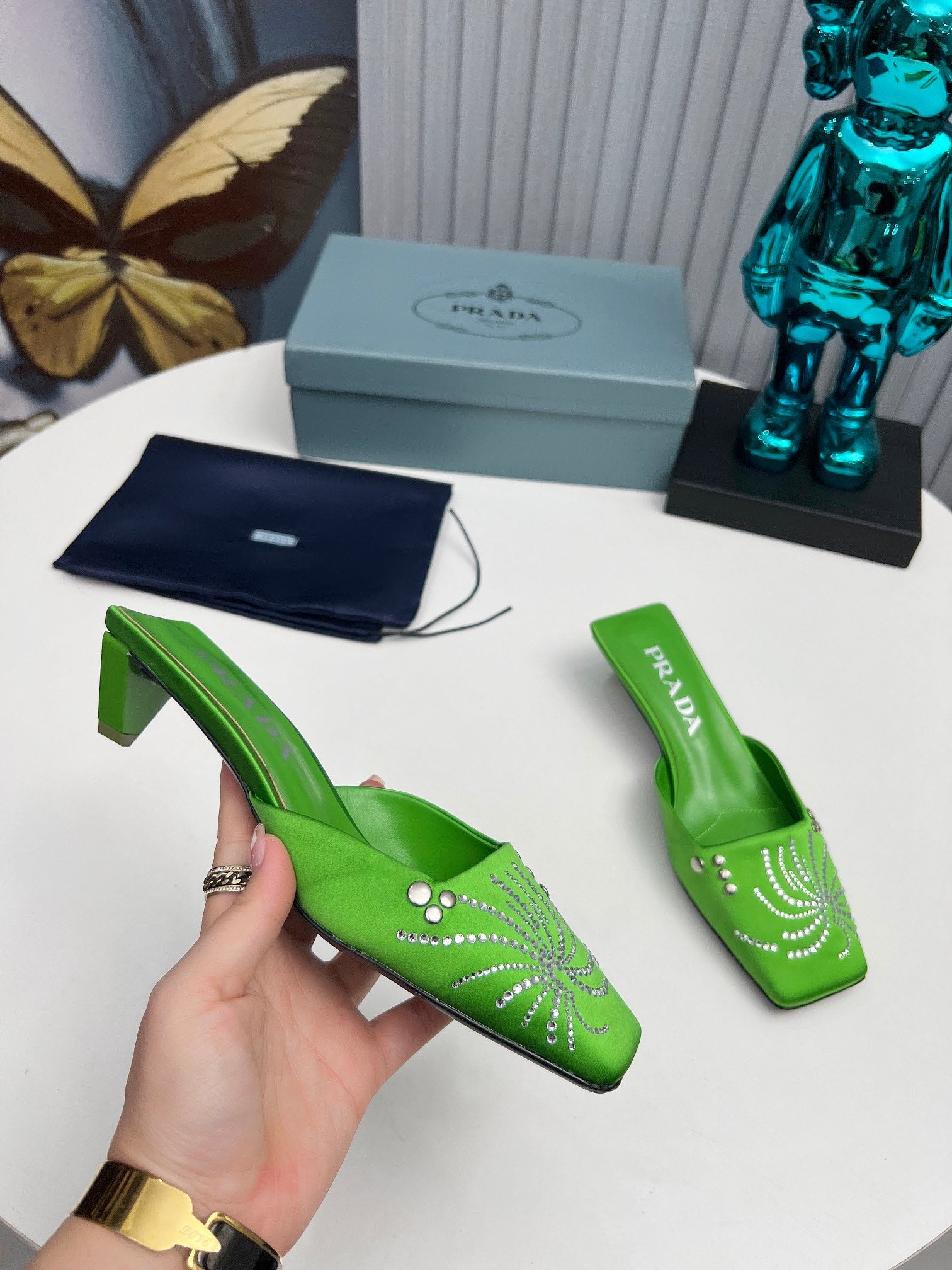PRADA 26S MULE 40MM IN APPLE GREEN SATIN CRYSTAL EMBELLISHED