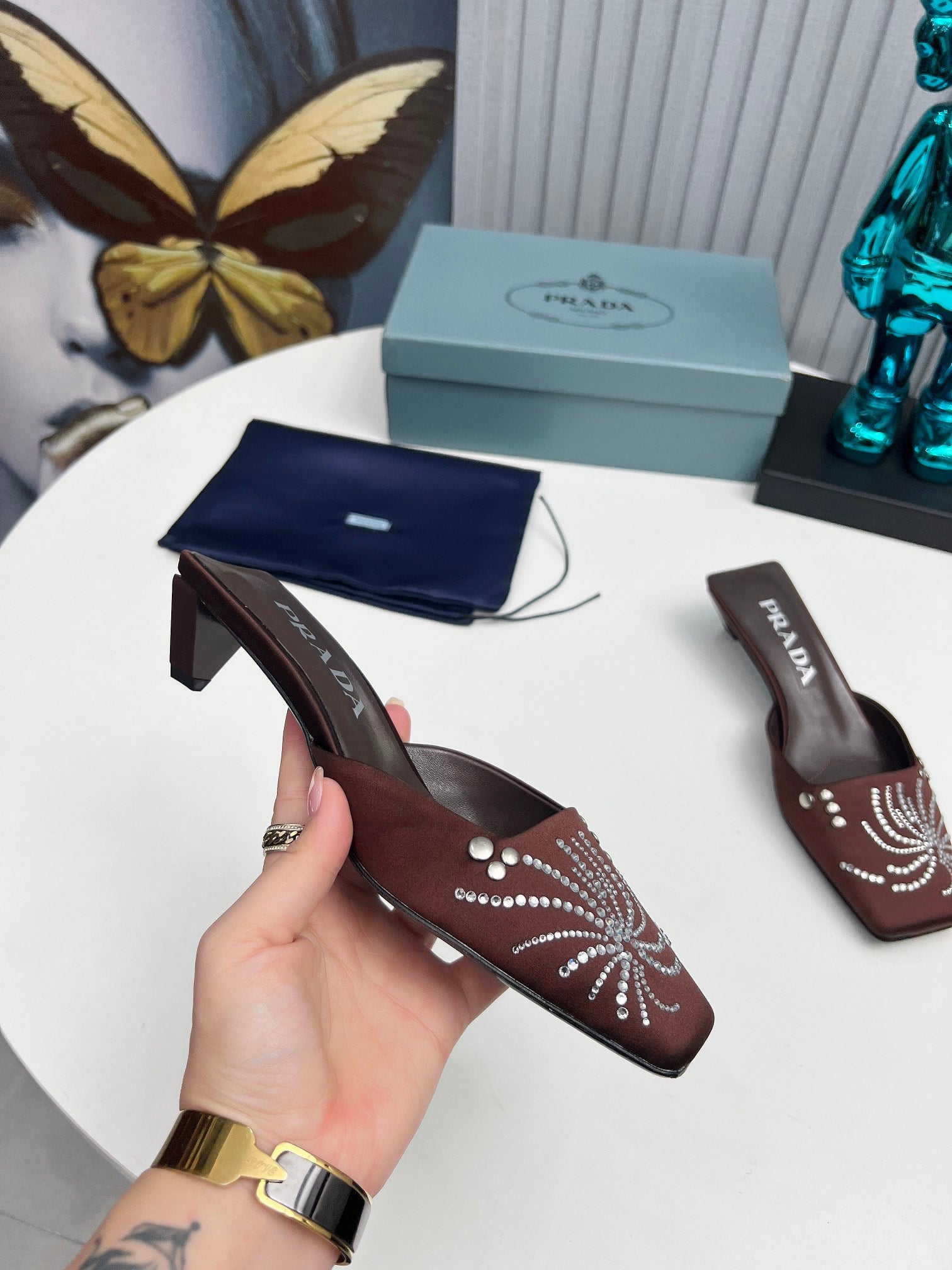 PRADA 26S MULE 40MM IN DARK BROWN SATIN CRYSTAL EMBELLISHED