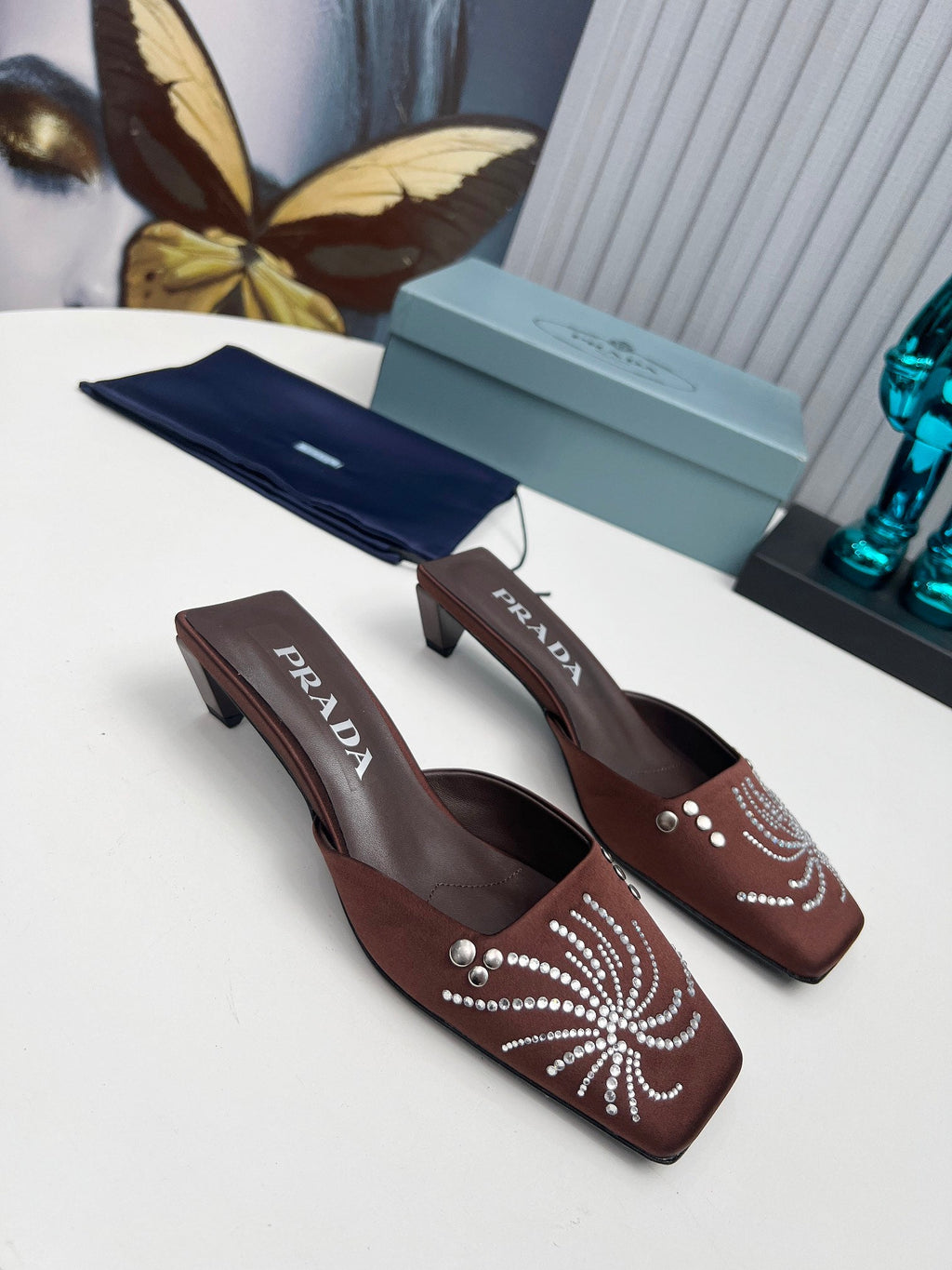 PRADA 26S MULE 40MM IN DARK BROWN SATIN CRYSTAL EMBELLISHED