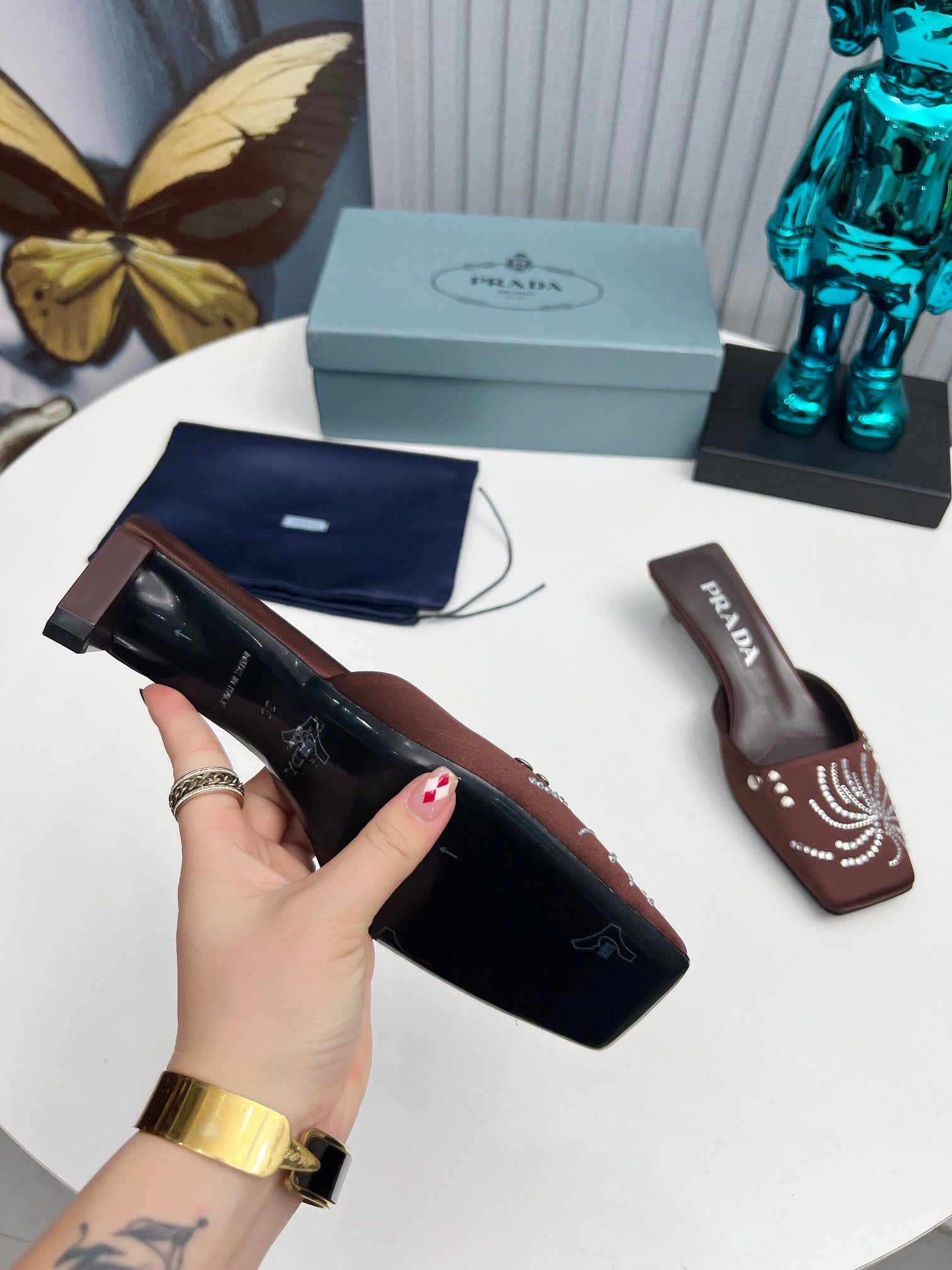 PRADA 26S MULE 40MM IN DARK BROWN SATIN CRYSTAL EMBELLISHED