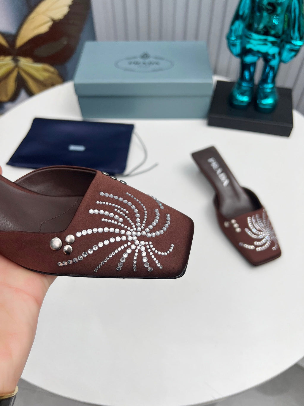 PRADA 26S MULE 40MM IN DARK BROWN SATIN CRYSTAL EMBELLISHED