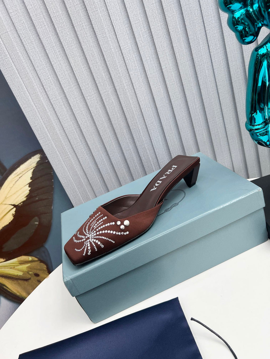 PRADA 26S MULE 40MM IN DARK BROWN SATIN CRYSTAL EMBELLISHED