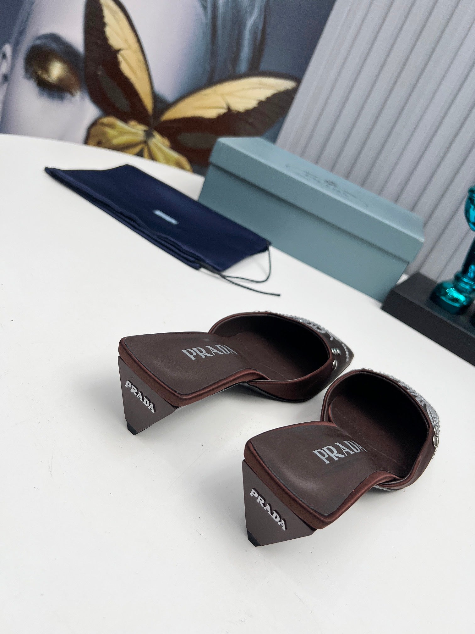 PRADA 26S MULE 40MM IN DARK BROWN SATIN CRYSTAL EMBELLISHED